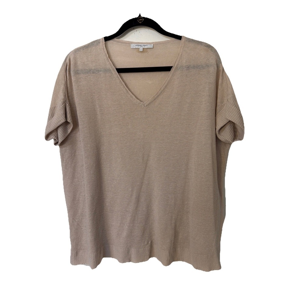 Gerard Darrel Women's Pink Sz 1 L 100% Linen Short Sleeve V-Neck Sweater